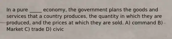 In a pure _____ economy, the government plans the goods and services that a country produces, the quantity in which they are produced, and the prices at which they are sold. A) command B) Market C) trade D) civic