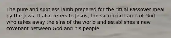 The pure and spotless lamb prepared for the ritual Passover meal by the Jews. It also refers to Jesus, the sacrificial Lamb of God who takes away the sins of the world and establishes a new covenant between God and his people