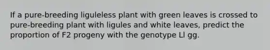 If a pure-breeding liguleless plant with green leaves is crossed to pure-breeding plant with ligules and white leaves, predict the proportion of F2 progeny with the genotype Ll gg.