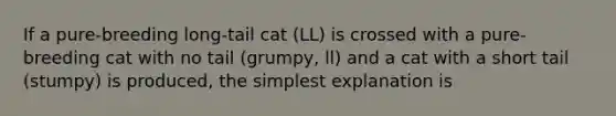 If a pure-breeding long-tail cat (LL) is crossed with a pure-breeding cat with no tail (grumpy, ll) and a cat with a short tail (stumpy) is produced, the simplest explanation is