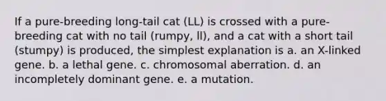 If a pure-breeding long-tail cat (LL) is crossed with a pure-breeding cat with no tail (rumpy, ll), and a cat with a short tail (stumpy) is produced, the simplest explanation is a. an X-linked gene. b. a lethal gene. c. chromosomal aberration. d. an incompletely dominant gene. e. a mutation.