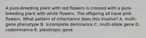 A pure-breeding plant with red flowers is crossed with a pure-breeding plant with white flowers. The offspring all have pink flowers. What pattern of inheritance does this involve? A. multi-gene phenotype B. incomplete dominance C. multi-allele gene D. codominance E. pleiotropic gene