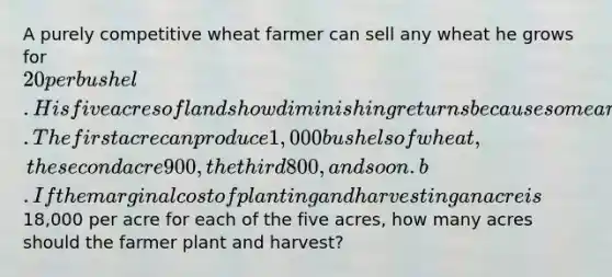 A purely competitive wheat farmer can sell any wheat he grows for 20 per bushel. His five acres of land show diminishing returns because some are better suited for wheat production than others. The first acre can produce 1,000 bushels of wheat, the second acre 900, the third 800, and so on. b. If the marginal cost of planting and harvesting an acre is18,000 per acre for each of the five acres, how many acres should the farmer plant and harvest?