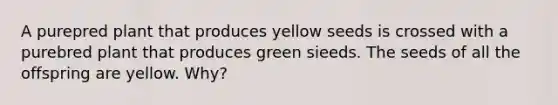 A purepred plant that produces yellow seeds is crossed with a purebred plant that produces green sieeds. The seeds of all the offspring are yellow. Why?