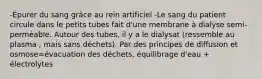 -Épurer du sang grâce au rein artificiel -Le sang du patient circule dans le petits tubes fait d'une membrane à dialyse semi-perméable. Autour des tubes, il y a le dialysat (ressemble au plasma , mais sans déchets). Par des principes de diffusion et osmose=évacuation des déchets, équilibrage d'eau + électrolytes