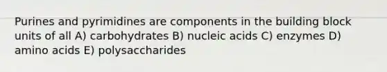 Purines and pyrimidines are components in the building block units of all A) carbohydrates B) nucleic acids C) enzymes D) amino acids E) polysaccharides