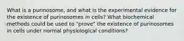 What is a purinosome, and what is the experimental evidence for the existence of purinosomes in cells? What biochemical methods could be used to "prove" the existence of purinosomes in cells under normal physiological conditions?