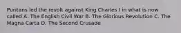 Puritans led the revolt against King Charles I in what is now called A. The English Civil War B. The Glorious Revolution C. The Magna Carta D. The Second Crusade