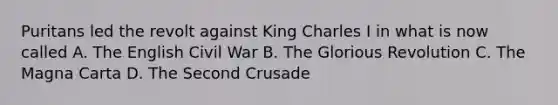 Puritans led the revolt against King Charles I in what is now called A. The English Civil War B. The Glorious Revolution C. The Magna Carta D. The Second Crusade