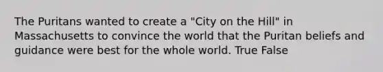 The Puritans wanted to create a "City on the Hill" in Massachusetts to convince the world that the Puritan beliefs and guidance were best for the whole world. True False