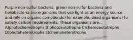 Purple non-sulfur bacteria, green non-sulfur bacteria and heliobacteria are organisms that use light as an energy source and rely on organic compounds (for example, dead organisms) to satisfy carbon requirements. These organisms are... A)photochemotrophs B)photoautotrophs C)chemoautotrophs D)photoheterotrophs E)chemoheterotrophs