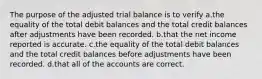 The purpose of the adjusted trial balance is to verify a.the equality of the total debit balances and the total credit balances after adjustments have been recorded. b.that the net income reported is accurate. c.the equality of the total debit balances and the total credit balances before adjustments have been recorded. d.that all of the accounts are correct.