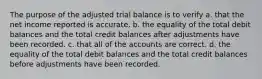 The purpose of the adjusted trial balance is to verify a. that the net income reported is accurate. b. the equality of the total debit balances and the total credit balances after adjustments have been recorded. c. that all of the accounts are correct. d. the equality of the total debit balances and the total credit balances before adjustments have been recorded.