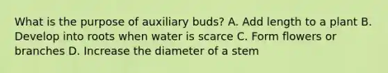 What is the purpose of auxiliary buds? A. Add length to a plant B. Develop into roots when water is scarce C. Form flowers or branches D. Increase the diameter of a stem