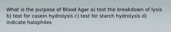 What is the purpose of Blood Agar a) test the breakdown of lysis b) test for casein hydrolysis c) test for starch hydrolysis d) indicate halophiles