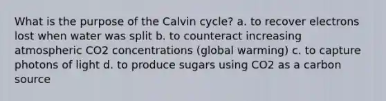 What is the purpose of the Calvin cycle? a. to recover electrons lost when water was split b. to counteract increasing atmospheric CO2 concentrations (global warming) c. to capture photons of light d. to produce sugars using CO2 as a carbon source