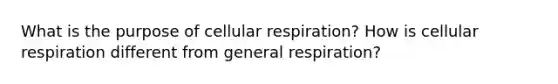 What is the purpose of <a href='https://www.questionai.com/knowledge/k1IqNYBAJw-cellular-respiration' class='anchor-knowledge'>cellular respiration</a>? How is cellular respiration different from general respiration?