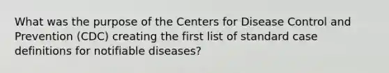 What was the purpose of the Centers for Disease Control and Prevention (CDC) creating the first list of standard case definitions for notifiable diseases?