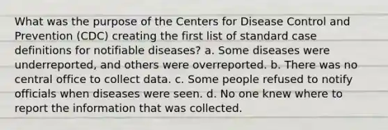 What was the purpose of the Centers for Disease Control and Prevention (CDC) creating the first list of standard case definitions for notifiable diseases? a. Some diseases were underreported, and others were overreported. b. There was no central office to collect data. c. Some people refused to notify officials when diseases were seen. d. No one knew where to report the information that was collected.