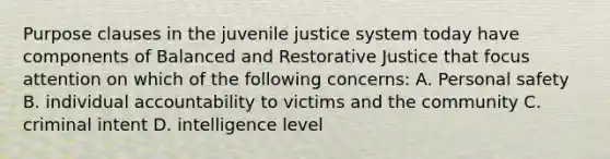 Purpose clauses in the juvenile justice system today have components of Balanced and Restorative Justice that focus attention on which of the following concerns: A. Personal safety B. individual accountability to victims and the community C. criminal intent D. intelligence level