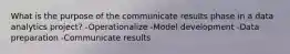 What is the purpose of the communicate results phase in a data analytics project? -Operationalize -Model development -Data preparation -Communicate results