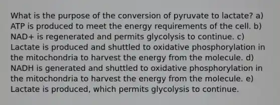 What is the purpose of the conversion of pyruvate to lactate? a) ATP is produced to meet the energy requirements of the cell. b) NAD+ is regenerated and permits glycolysis to continue. c) Lactate is produced and shuttled to <a href='https://www.questionai.com/knowledge/kFazUb9IwO-oxidative-phosphorylation' class='anchor-knowledge'>oxidative phosphorylation</a> in the mitochondria to harvest the energy from the molecule. d) NADH is generated and shuttled to oxidative phosphorylation in the mitochondria to harvest the energy from the molecule. e) Lactate is produced, which permits glycolysis to continue.