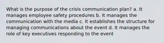 What is the purpose of the crisis communication plan? a. It manages employee safety procedures b. It manages the communication with the media c. It establishes the structure for managing communications about the event d. It manages the role of key executives responding to the event