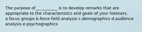 The purpose of​___________​ is to develop remarks that are appropriate to the characteristics and goals of your listeners. a.focus groups b.force field analysis c.demographics d.audience analysis e.psychographics