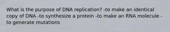 What is the purpose of DNA replication? -to make an identical copy of DNA -to synthesize a protein -to make an RNA molecule -to generate mutations