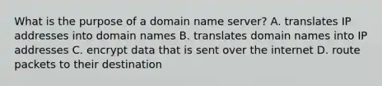 What is the purpose of a domain name server? A. translates IP addresses into domain names B. translates domain names into IP addresses C. encrypt data that is sent over the internet D. route packets to their destination