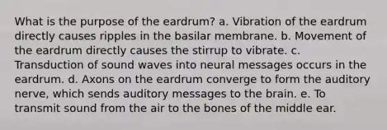 What is the purpose of the eardrum? a. Vibration of the eardrum directly causes ripples in the basilar membrane. b. Movement of the eardrum directly causes the stirrup to vibrate. c. Transduction of sound waves into neural messages occurs in the eardrum. d. Axons on the eardrum converge to form the auditory nerve, which sends auditory messages to the brain. e. To transmit sound from the air to the bones of the middle ear.