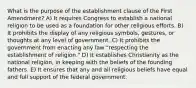 What is the purpose of the establishment clause of the First Amendment? A) It requires Congress to establish a national religion to be used as a foundation for other religious efforts. B) It prohibits the display of any religious symbols, gestures, or thoughts at any level of government. C) It prohibits the government from enacting any law "respecting the establishment of religion." D) It establishes Christianity as the national religion, in keeping with the beliefs of the founding fathers. E) It ensures that any and all religious beliefs have equal and full support of the federal government.