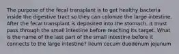 The purpose of the fecal transplant is to get healthy bacteria inside the digestive tract so they can colonize the large intestine. After the fecal transplant is deposited into the stomach, it must pass through the small intestine before reaching its target. What is the name of the last part of the small intestine before it connects to the large intestine? ileum cecum duodenum jejunum