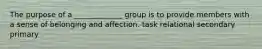 The purpose of a _____________ group is to provide members with a sense of belonging and affection. task relational secondary primary