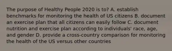 The purpose of Healthy People 2020 is to? A. establish benchmarks for monitoring the health of US citizens B. document an exercise plan that all citizens can easily follow C. document nutrition and exercise plan according to individuals' race, age, and gender D. provide a cross-country comparison for monitoring the health of the US versus other countries