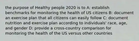 the purpose of Healthy people 2020 is to A: establish benchmarks for monitoring the health of US citizens B: document an exercise plan that all citizens can easily follow C: document nutrition and exercise plan according to individuals' race, age, and gender D: provide a cross-country comparison for monitoring the health of the US versus other countries