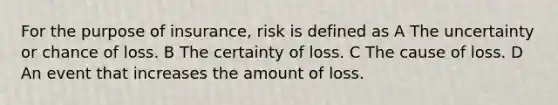 For the purpose of insurance, risk is defined as A The uncertainty or chance of loss. B The certainty of loss. C The cause of loss. D An event that increases the amount of loss.