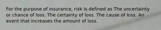 For the purpose of insurance, risk is defined as The uncertainty or chance of loss. The certainty of loss. The cause of loss. An event that increases the amount of loss.