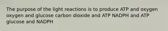 The purpose of the light reactions is to produce ATP and oxygen oxygen and glucose carbon dioxide and ATP NADPH and ATP glucose and NADPH