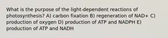 What is the purpose of the light-dependent reactions of photosynthesis? A) carbon fixation B) regeneration of NAD+ C) production of oxygen D) production of ATP and NADPH E) production of ATP and NADH