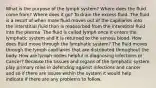 What is the purpose of the lymph system? Where does the fluid come from? Where does it go? To drain the excess fluid. The fluid is a result of when more fluid moves out of the capillaries into the interstitial fluid than is reabsorbed from the interstitial fluid into the plasma. The fluid is called lymph once it enters the lymphatic system and it is returned to the venous blood. How does fluid move through the lymphatic system? The fluid moves through the lymph capillaries that are distributed throughout the body. How are lymph nodes helpful in diagnosing infections or Cancer? Because the tissues and organs of the lymphatic system play primary roles in defending against infections and cancer and so if there are issues within the system it would help indicate if there are any problems to follow.