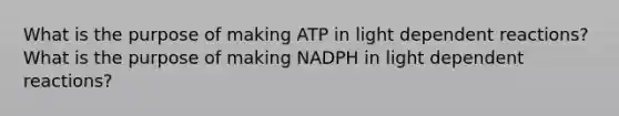 What is the purpose of making ATP in light dependent reactions? What is the purpose of making NADPH in light dependent reactions?