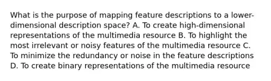 What is the purpose of mapping feature descriptions to a lower-dimensional description space? A. To create high-dimensional representations of the multimedia resource B. To highlight the most irrelevant or noisy features of the multimedia resource C. To minimize the redundancy or noise in the feature descriptions D. To create binary representations of the multimedia resource