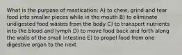 What is the purpose of mastication: A) to chew, grind and tear food into smaller pieces while in the mouth B) to eliminate undigested food wastes from the body C) to transport nutrients into the blood and lymph D) to move food back and forth along the walls of the small intestine E) to propel food from one digestive organ to the next