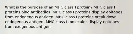 What is the purpose of an MHC class I protein? MHC class I proteins bind antibodies. MHC class I proteins display epitopes from endogenous antigen. MHC class I proteins break down endogenous antigen. MHC class I molecules display epitopes from exogenous antigen.