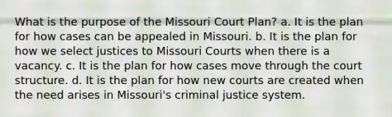 What is the purpose of the Missouri Court Plan? a. It is the plan for how cases can be appealed in Missouri. b. It is the plan for how we select justices to Missouri Courts when there is a vacancy. c. It is the plan for how cases move through the court structure. d. It is the plan for how new courts are created when the need arises in Missouri's criminal justice system.