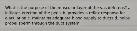 What is the purpose of the muscular layer of the vas deferens? a. initiates erection of the penis b. provides a reflex response for ejaculation c. maintains adequate blood supply to ducts d. helps propel sperm through the duct system