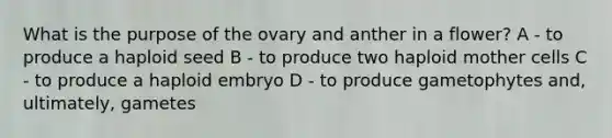 What is the purpose of the ovary and anther in a flower? A - to produce a haploid seed B - to produce two haploid mother cells C - to produce a haploid embryo D - to produce gametophytes and, ultimately, gametes