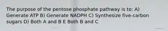 The purpose of the pentose phosphate pathway is to: A) Generate ATP B) Generate NADPH C) Synthesize five-carbon sugars D) Both A and B E Both B and C