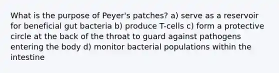 What is the purpose of Peyer's patches? a) serve as a reservoir for beneficial gut bacteria b) produce T-cells c) form a protective circle at the back of the throat to guard against pathogens entering the body d) monitor bacterial populations within the intestine